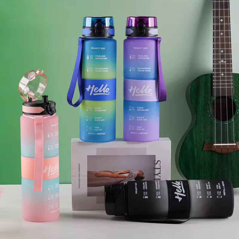 1000Ml Hello Leakproof BPA Free Drinking  Water Bottle with Time Marker & Sthraw