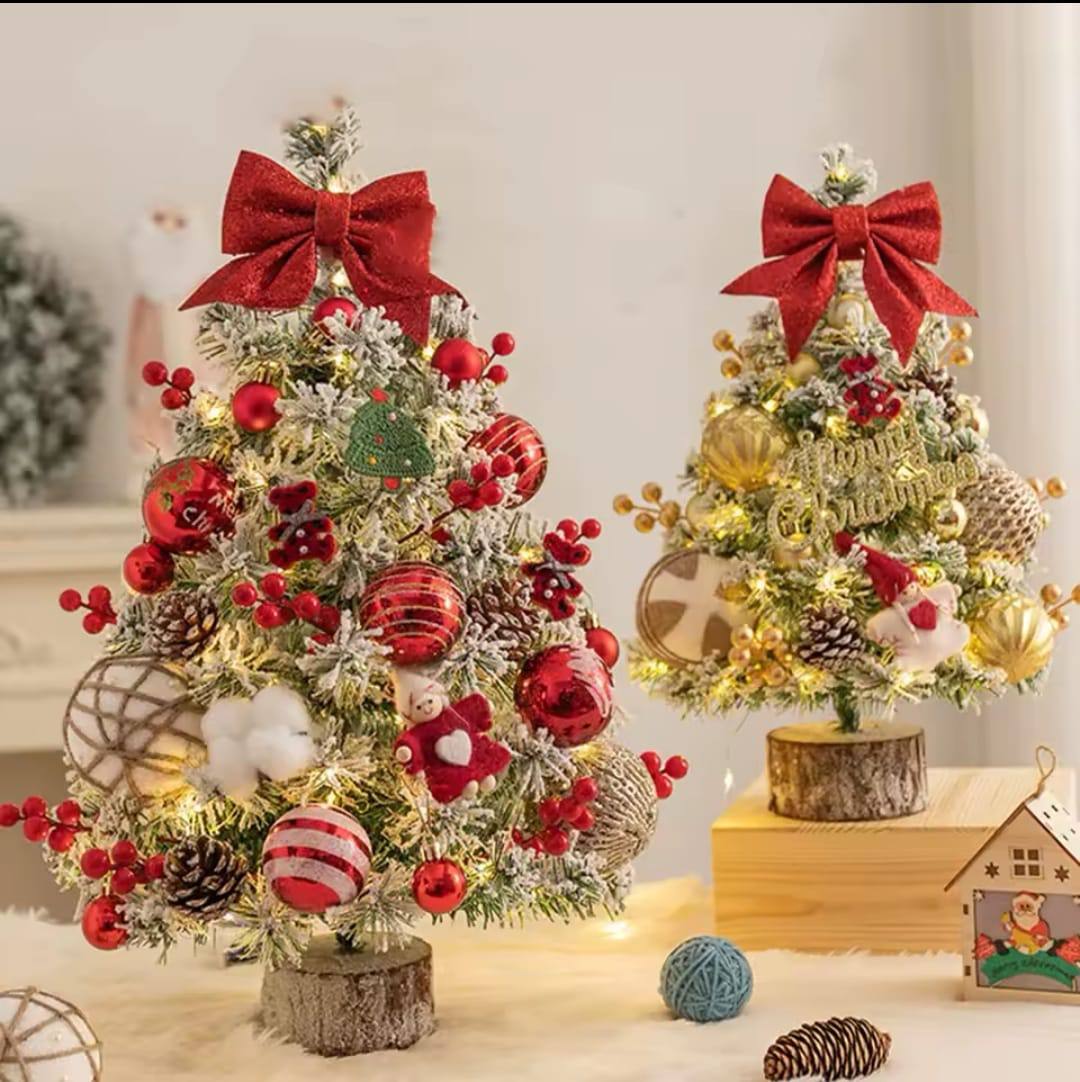 Table top Christmas tree with decor and lights
