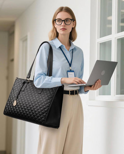Quilted Large Capacity 15.6” Business Laptop Tote Bag with Insulated Lunch Compartment