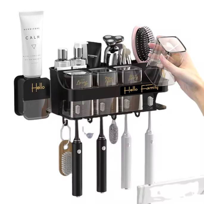 Hello family branded wall mounted toothbrush toothpaste dispenser set (4 cups 4 brush 4 slots 4 hooks 1 toothpastedispenser)
