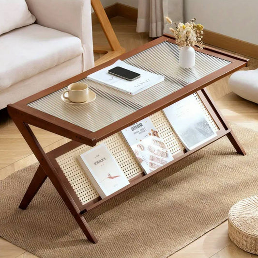 Modern Rattan Coffee Table with Storage Shelf