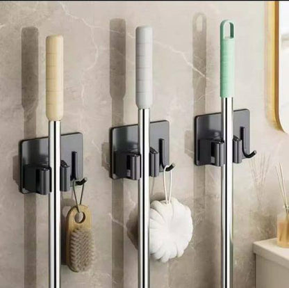 3pc Mop Holder Wall Mounted, Stainless Steel Self Adhesive Mop Broom Holder with Hooks