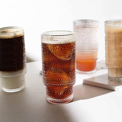 Embossed vintage Ribbed transparent Glass / iced coffe glass 6pc