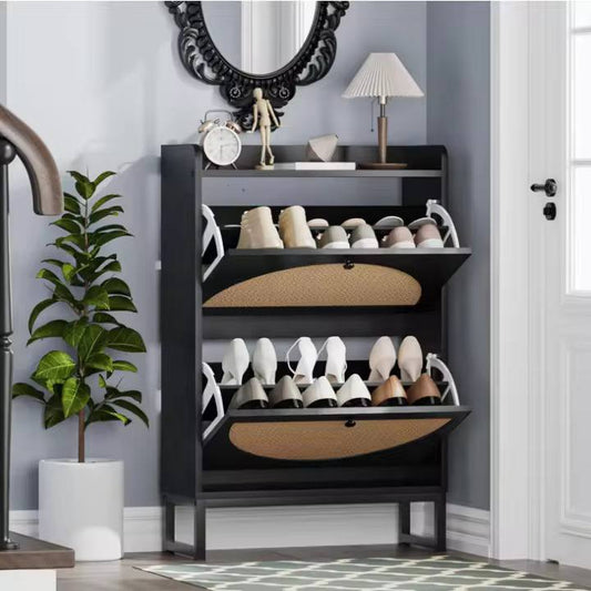 Premium Quality Rattan Wooden Black  Bucket Flip Shoe Cabinet