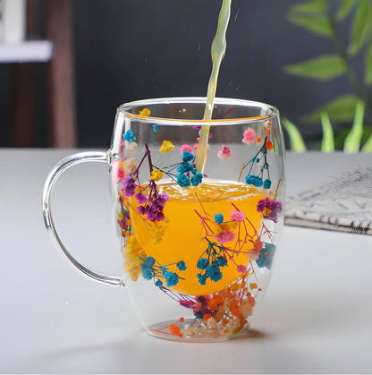 Double Wall Glass Coffee Mug with Colorful Floral Design – Heat Resistant Transparent Tea Cup with Handle, Elegant Insulated Glassware for Hot & Cold Drinks, 350ml