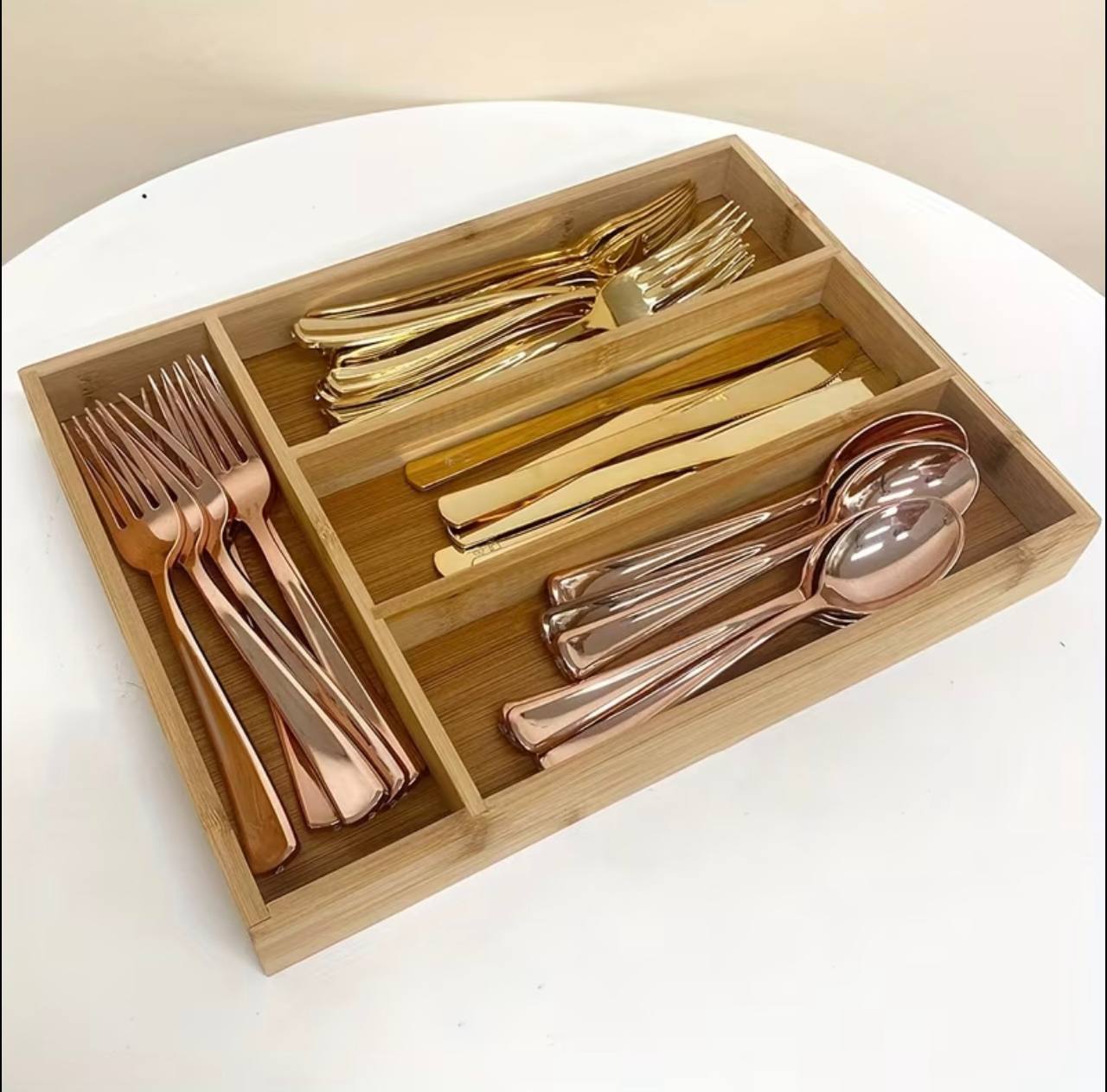 Bamboo Cutlery Tray With 4 Slots, Idea For Kitchen Drawer/Cutlery Cosmetic, Stationary For Modular Kitchen Basket And Kitchen Trolley (L 34.5 X B 25 X H 4.5 Cm