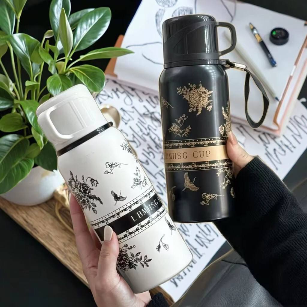 600ml Capacity black flower cup Vacuum flask