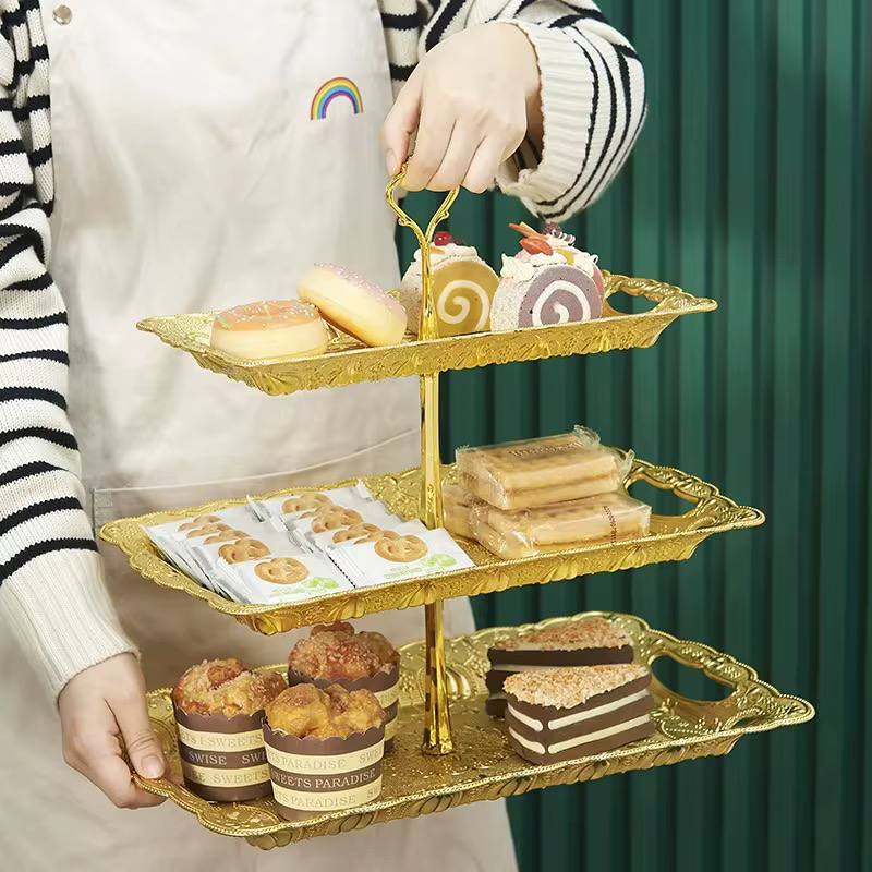 Plastic Cake Stand 3 Layer Rectangle Gold.