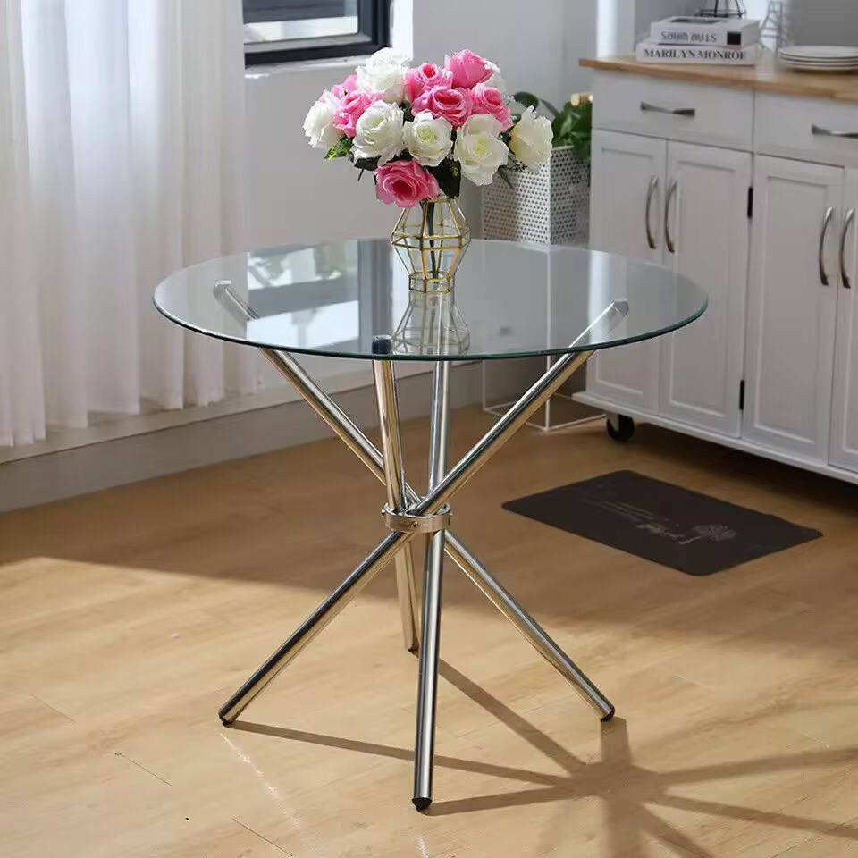 Round Glass Dining Table with Chrome Metal Legs