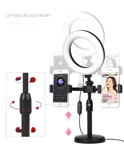 6inch led selfie stand ringlight with 3 modes and dual phone holder for makeup and live broadcast