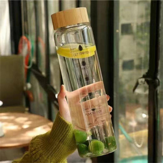 MOTIVATIONAL TIME MARKER BOROSILICATE BOTTLE WITH BAMBOO LID AND FILTER