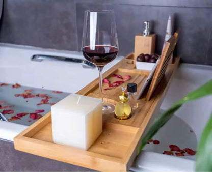 Expandable Bamboo Bathtub Caddy Tray / Breakfast Bed Table with Stands
