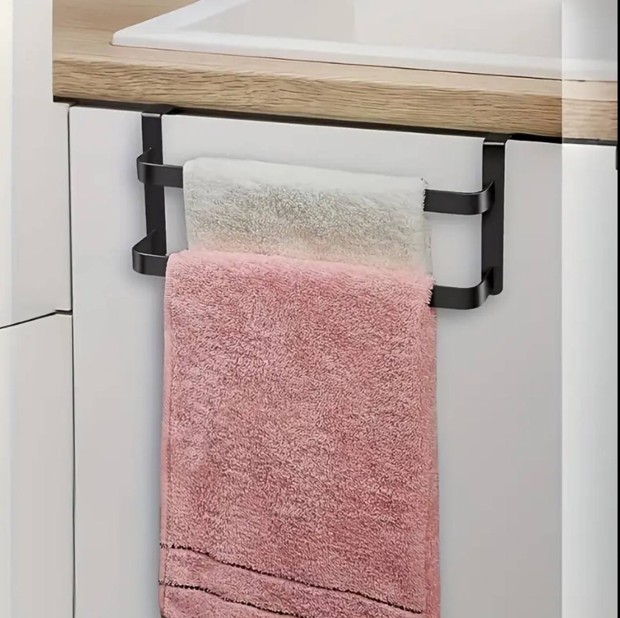 Double layer over cabinet towel rack