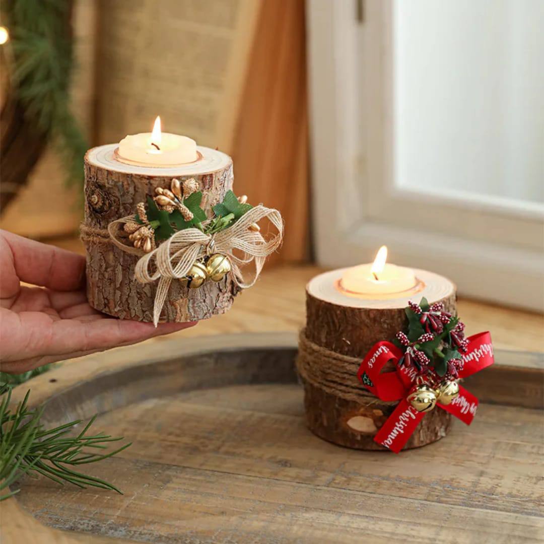 Christmas Candle Holder Wooden - Flameless LED Candelabra with Fragrance Cups, Rustic Centerpiece for Table Mantel Holiday Decor