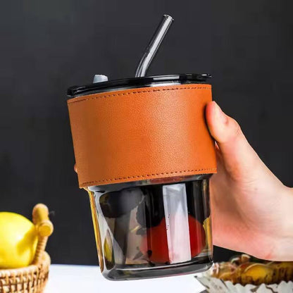 Gorgous slub glass smoothie cup with STRAW and leather cover now available