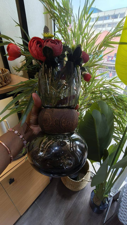 Nordic Modern creative dark  glass vase With a Wooden Ring