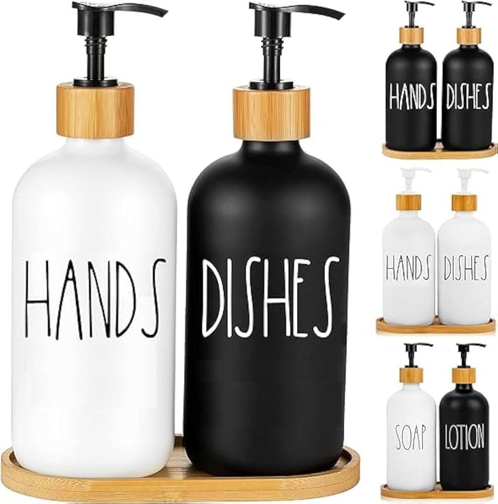 3in1 HANDS - DISHES, SOAP - LOTION branded  and unbranded Refillable ceramic s bottle with bamboo base