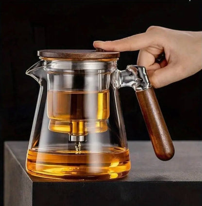 Classy frosted glass tea /beverage pot with bamboo handle