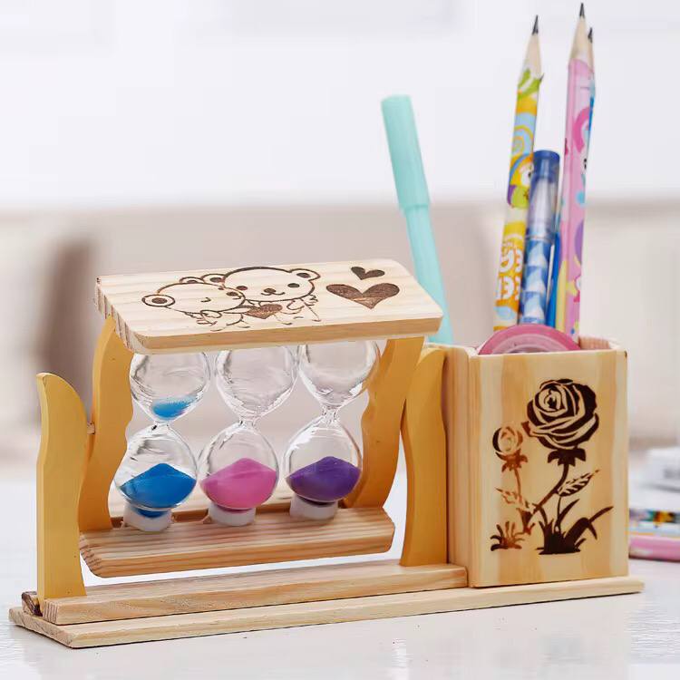 Handicraft Wooden Pen Stand with 3 Hourglass Timer