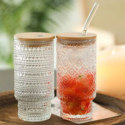 475ml Glass Cups with Lids and Straws, Vintage  Embossed tumbler
