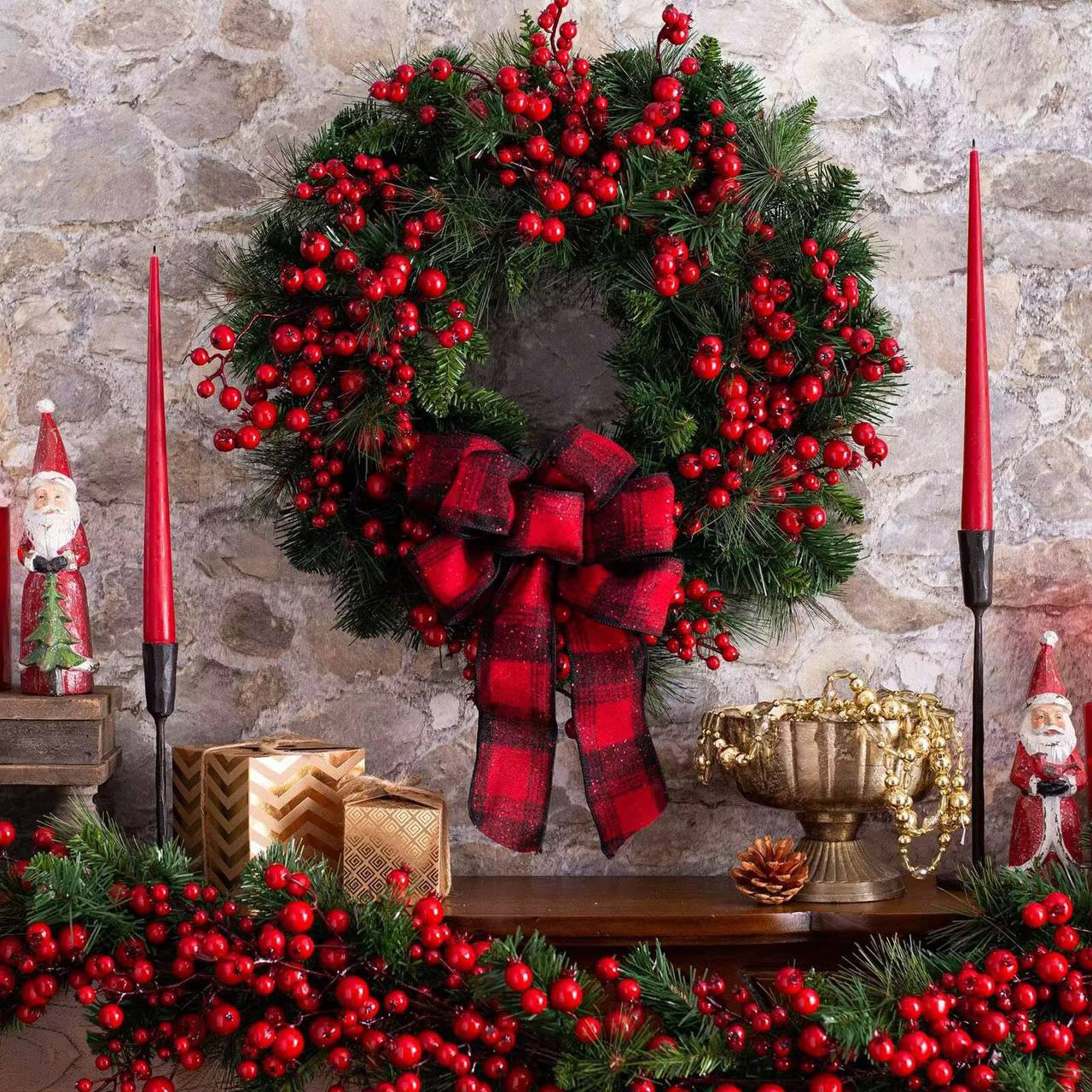 Christmas Red wreath front door hanging with decorations