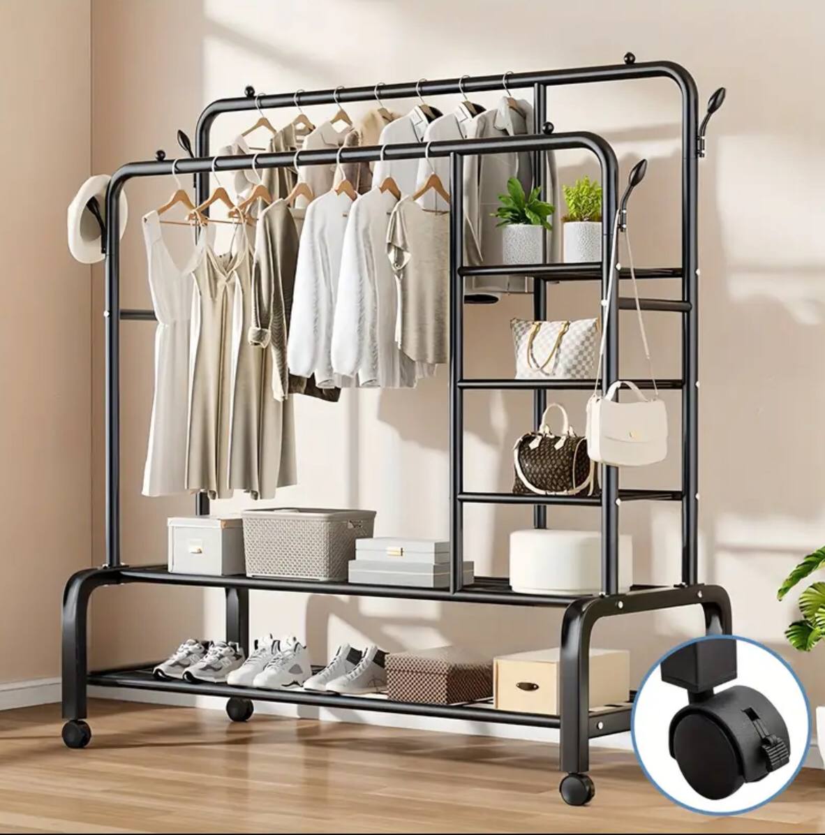 Double Layer Garment Rack Floor  Standing Clothes Hanger
