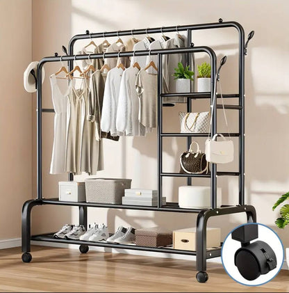 Double Layer Garment Rack Floor  Standing Clothes Hanger