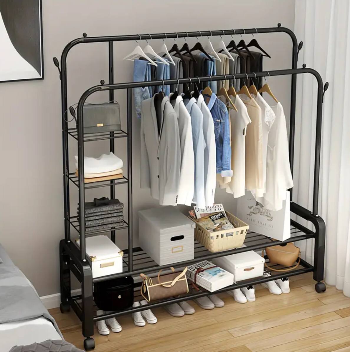 Double Layer Garment Rack Floor  Standing Clothes Hanger
