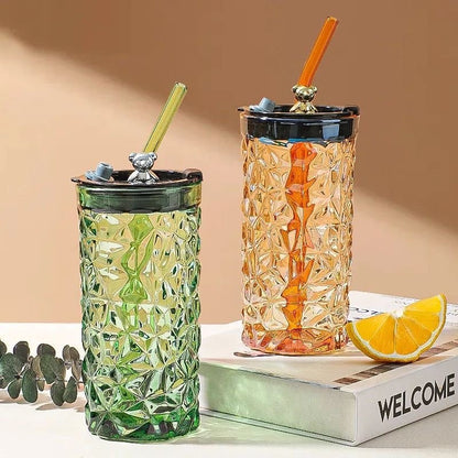 Cute Crystal like Glass tumbler with glass straw