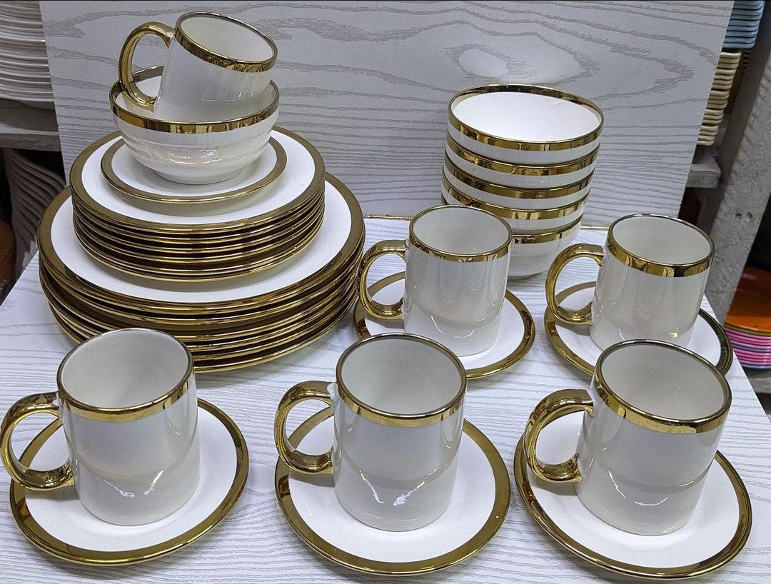 30pcs white ceramic dinner set with gold rim